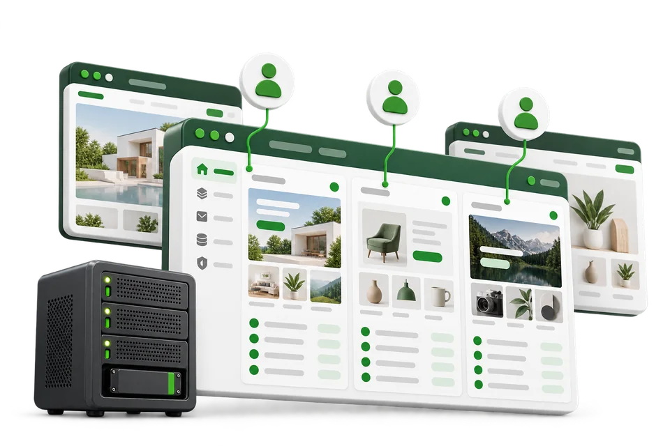 Illustration of separate client websites managed from one agency hosting dashboard