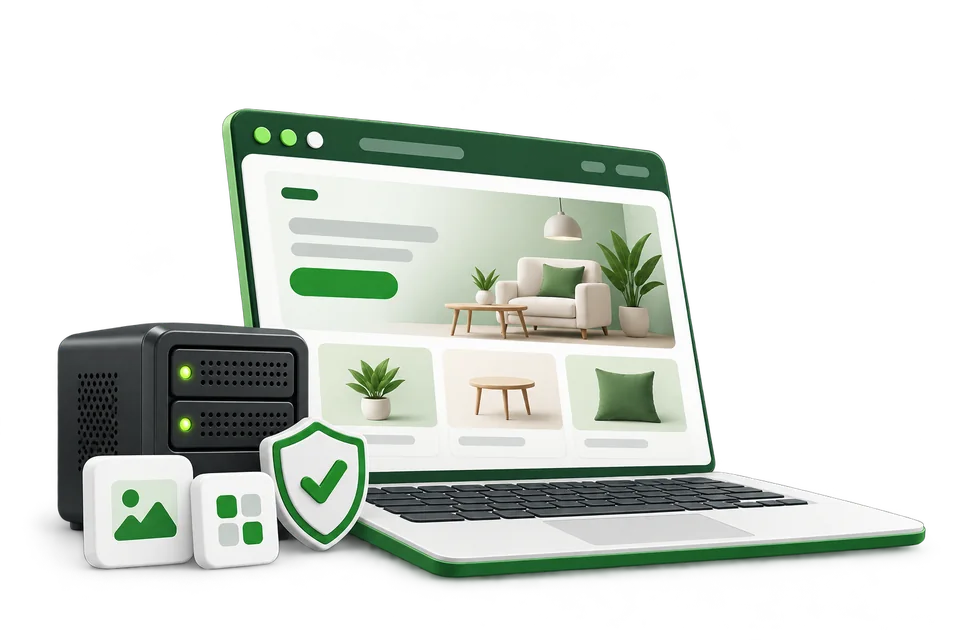 Illustration of a small business website with essential hosting and SSL protection