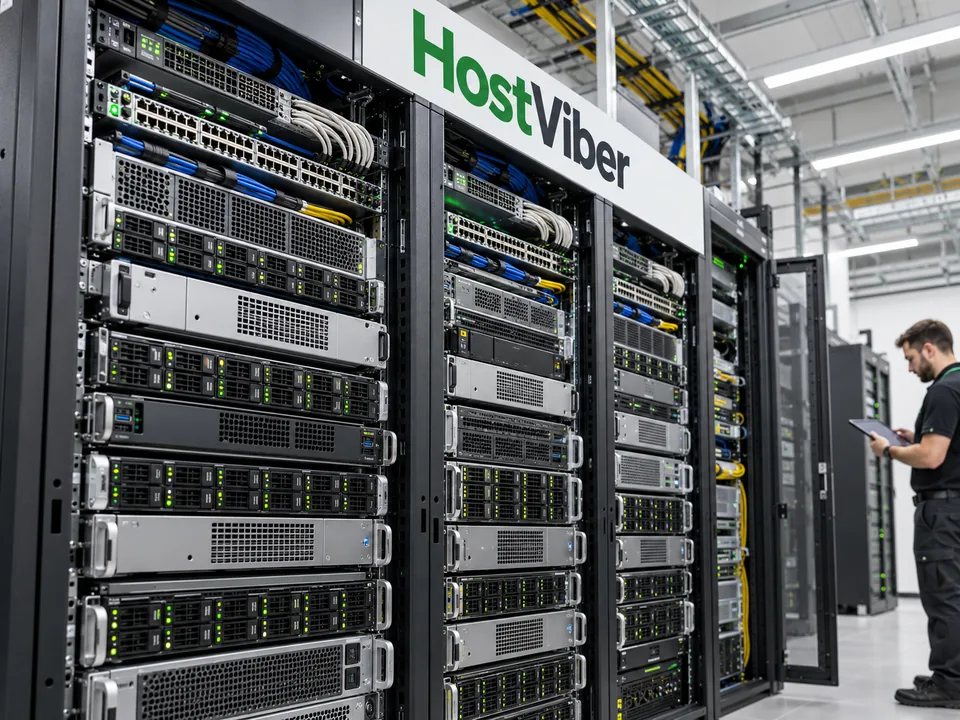 Concept illustration of HostViber server racks and a datacenter engineer