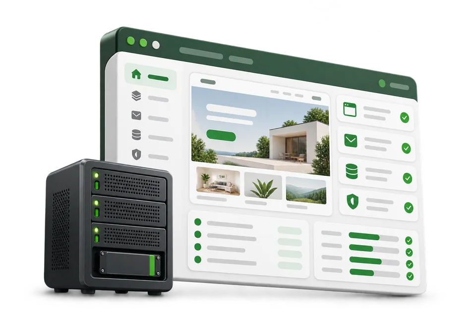 Illustration of website management tools with NVMe hosting infrastructure